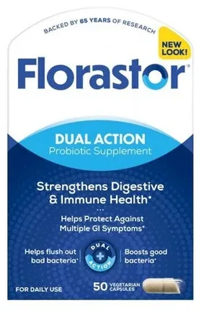 Florastor Dual Action Probiotic 250 mg — Dual Action · 250 mg · 50 capsules packaging