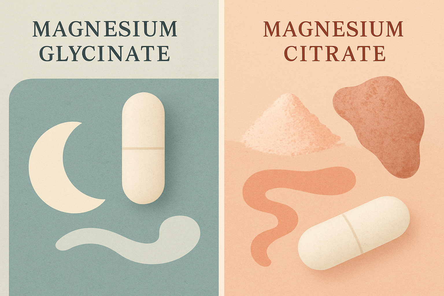 Editorial comparison visual showing magnesium glycinate as a calmer routine-focused option and magnesium citrate as a bowel-effect-focused option.