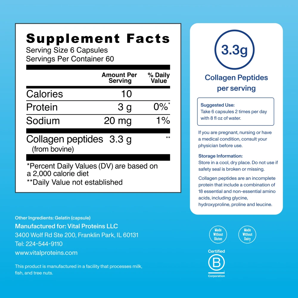 Vital Proteins Collagen Peptides 360 Capsules 2 Vital Proteins Collagen Peptides 360 Capsules - manufacturer nutrition or Supplement Facts panel