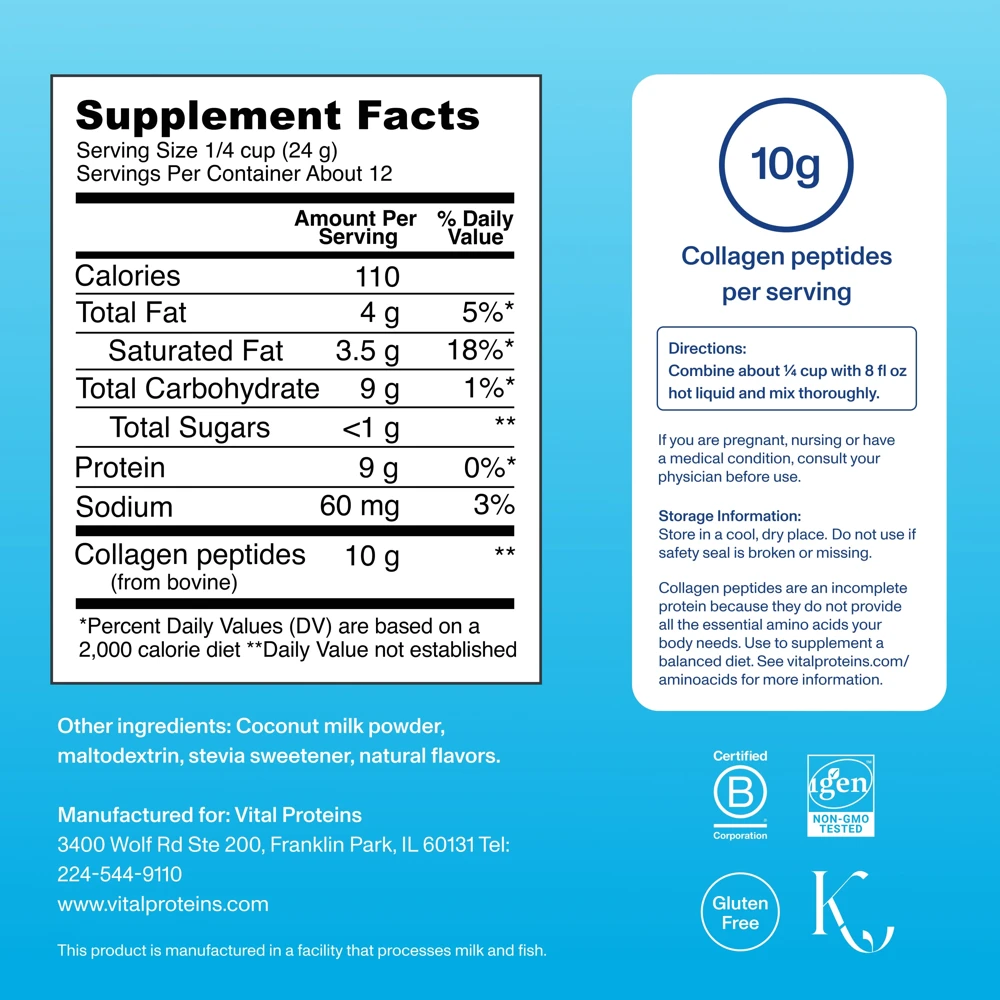 Vital Proteins Original Collagen Creamer 2 Vital Proteins Original Collagen Creamer - manufacturer nutrition or Supplement Facts panel