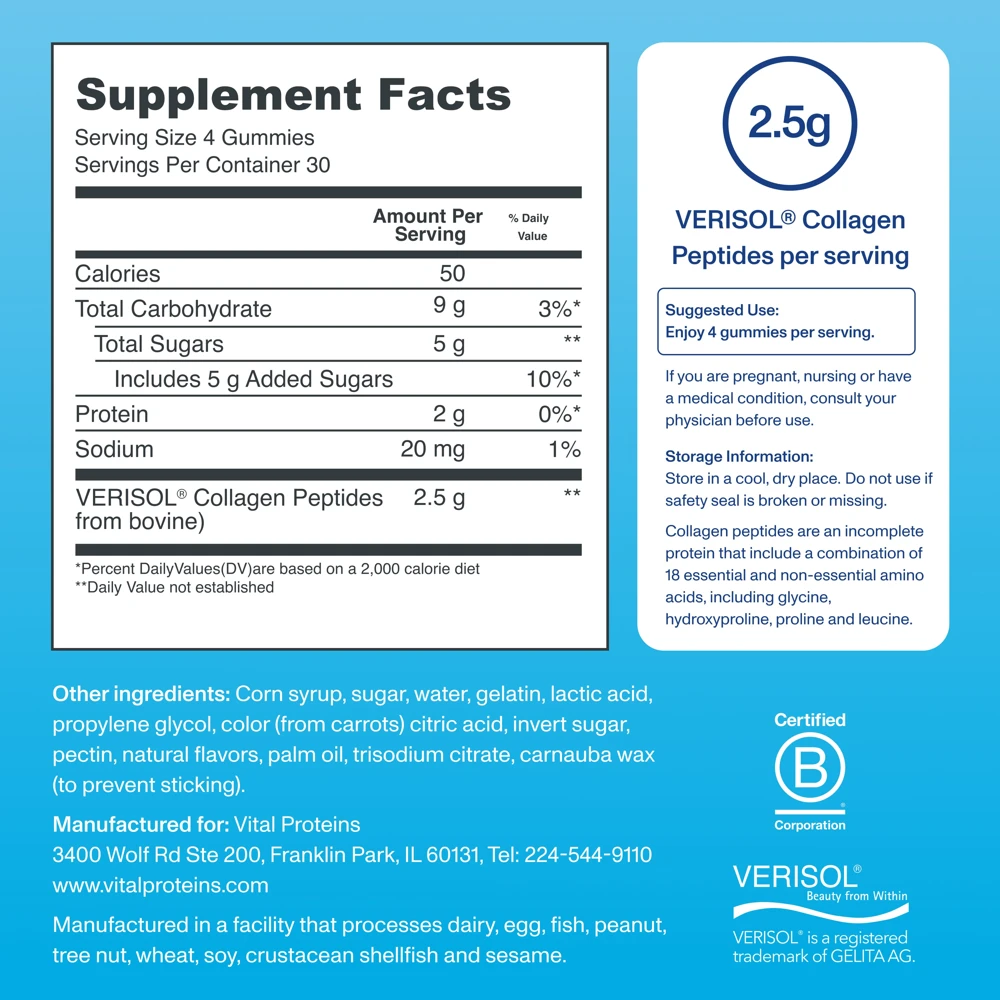 Vital Proteins Collagen Gummies 2 Vital Proteins Collagen Gummies - manufacturer nutrition or Supplement Facts panel