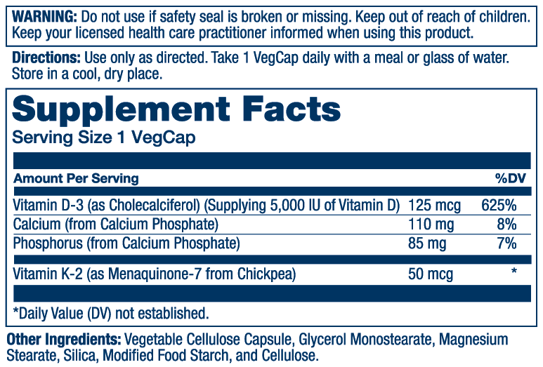 Solaray Vitamin D3 K2 120 capsules: Supplement Facts