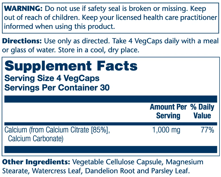 Solaray Calcium Citrate 1000 mg 2 Solaray Calcium Citrate 1000 mg Supplement Facts label