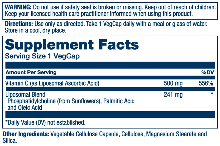 Solaray Liposomal Vitamin C 500 mg 2 Solaray Liposomal Vitamin C 500 mg Supplement Facts label
