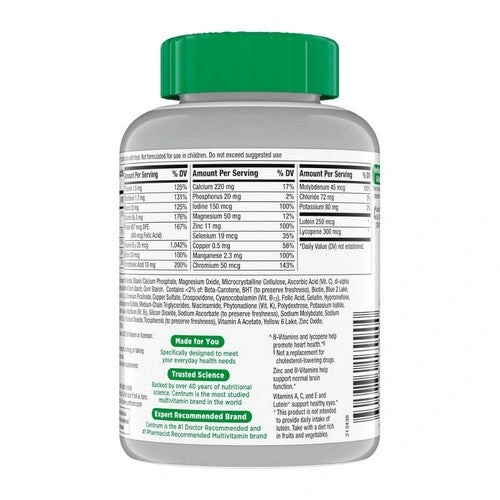 Centrum Silver Adults 50+ 2 Photographed Supplement Facts panel for centrum