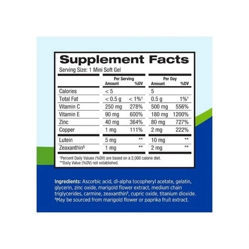 PreserVision AREDS 2 Mini Soft Gels 2 Photographed Supplement Facts panel for preservision