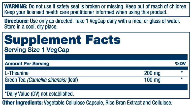 Solaray L-Theanine 200 mg 2 Solaray L-Theanine 200 mg - manufacturer Supplement Facts panel